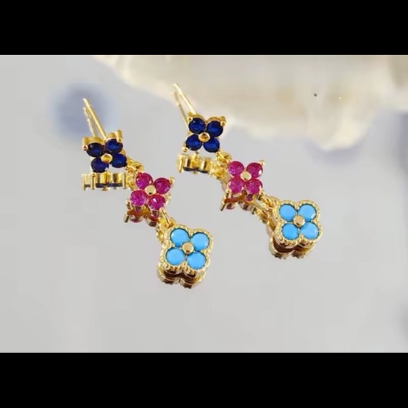 14kt gold plated clover multicolor ruby turquoise sapphire crystal earrings#338 - Picture 4 of 12